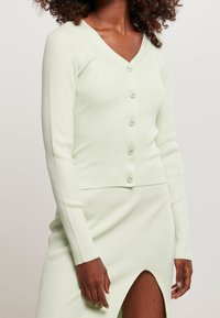 Žebrovaný světle zelený cardigan s véčkovým výstřihem, který má šest knoflíků a dlouhé rukávy. Nositelný přes odpovídající sukni se bočním rozparkem.
