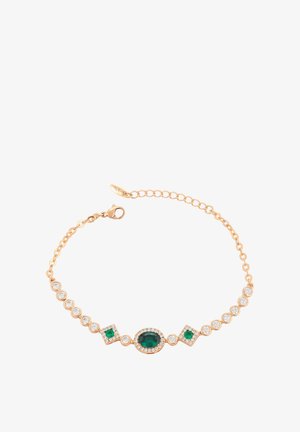 Arany színű karkötő, ovális és négyzet alakú zöld drágakövekkel, kerek átlátszó kövekkel, és homár kapoccsal. Texturált láncszemek.