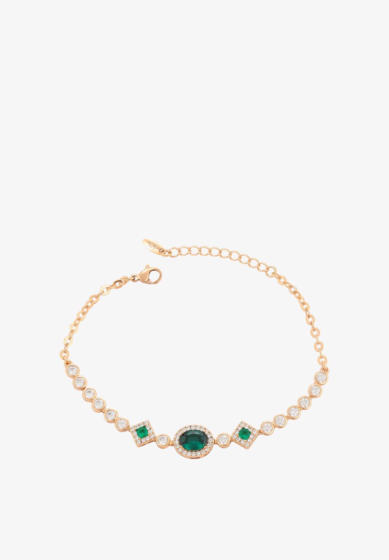 Armband aus goldfarbenem Metall mit ovalen und quadratischen grünen Edelsteinen, runden klaren Steinen und einem Karabinerverschluss. Strukturiertes Kettenglieddesign.