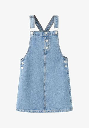 Haljina od trapera u svijetloplavoj boji s podesivim naramenicama, zatvaračem s dugmadima sprijeda i srebrnim detaljima. Glatka tekstura i A-linijski kroj.