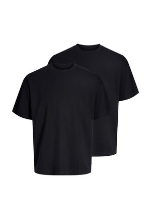 Two plain black short-sleeve crew neck t-shirts overlapping on a white background.