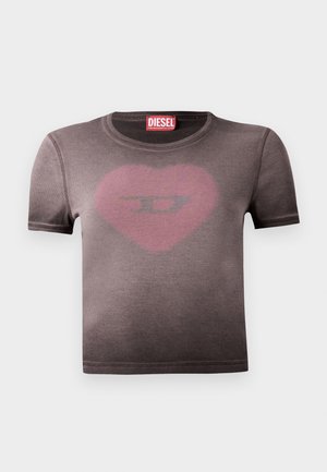 Gray short-sleeve T-shirt with a round neckline, featuring a faded pink heart graphic and a logo in the center. Made from soft cotton fabric.