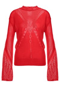 Red knit sweater with a high neckline, long sheer sleeves, and mesh detailing featuring geometric patterns throughout the body.