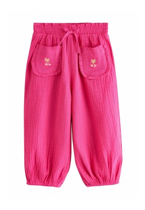 Svetloružové nohavice pre batoľatá s elastickým pásom a manžetami, s dvoma prednými vrúbkovanými vreckami vyšívanými malými motívmi čerešní.