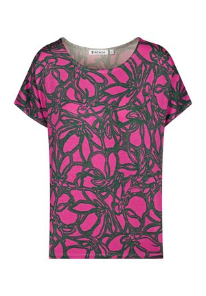 Rosa kurzärmliges T-Shirt mit schwarzem Blumenmuster, Rundhalsausschnitt und lockerer Passform, aus weichem, leichtem Baumwollstoff.