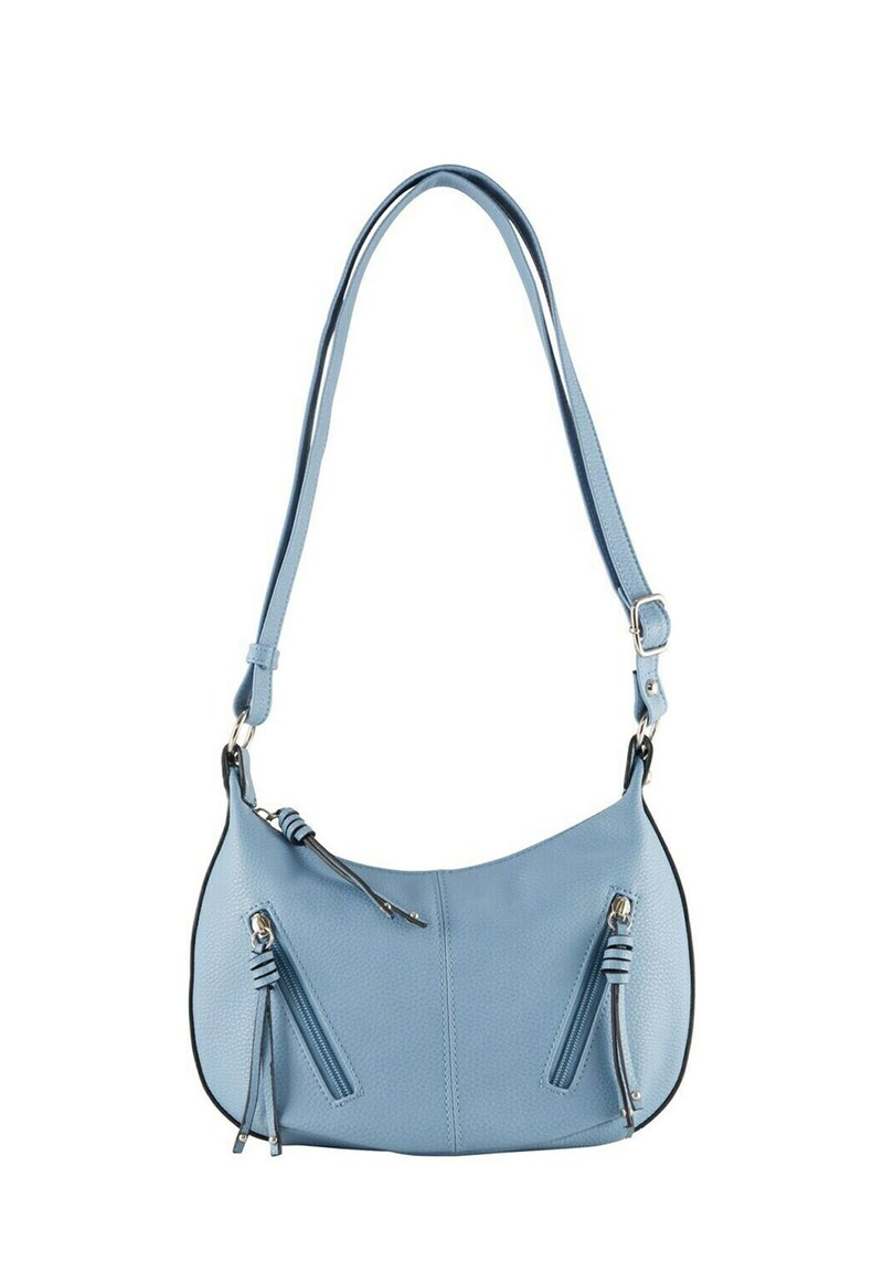 Light blue leather shoulder bag with a curved shape, featuring two zipper pockets, braided tassels, and a flat shoulder strap.