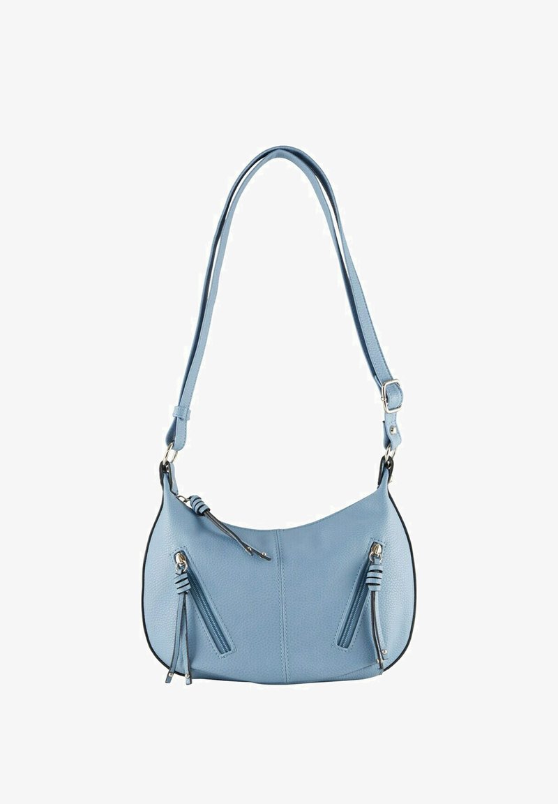 Light blue leather shoulder bag with a curved shape, featuring two zipper pockets, braided tassels, and a flat shoulder strap.