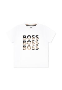 T-shirt in cotone bianco con un audace stampa grafica ripetuta in nero e marrone della scritta "BOSS". Maniche corte e colletto rotondo con chiusura a pressione sulla spalla.