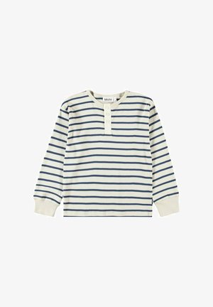 Camisa crema de manga larga con rayas horizontales azul marino, tapeta con tres botones y puños acanalados.