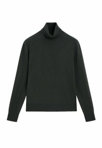 Pull à col roulé vert foncé en tissu tricoté doux, doté de manches longues, d'un col haut et de bordures côtelées aux poignets et à l'ourlet.