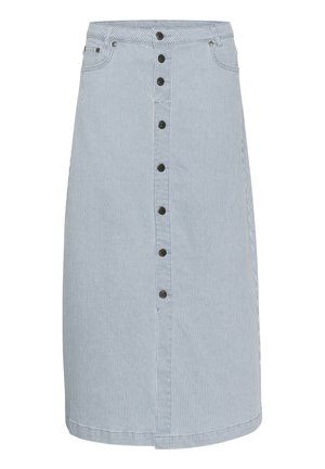 Fustă A-line din denim rayé, de culoare albastru deschis și alb, cu închidere frontală cu nasturi și două buzunare laterale. Textură netedă și design până la genunchi.