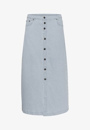 Ribatud denimpits, A-lõikega, helesinise ja valge värviga, millel on eesnuppude sulgur ja kaks küljetaskut. Sujuv tekstuur ja põlvepikkune disain.