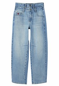 Ljusblå denimjeans med en avslappnad passform, som har hög midja, stängning med två knappar och fickor med diskreta sömdetaljer.