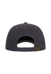 Cappellino da baseball grigio con visiera piatta, cinturino regolabile sul retro e un gancio metallico con la scritta "AMPLIFIED" in rilievo.