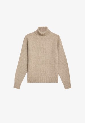 Maglione a collo alto beige in maglia con texture a coste, dotato di maniche lunghe e orlo dritto. Realizzato in materiale morbido e caldo.