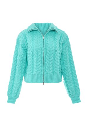 Maglione corto lavorato a maglia turchese con chiusura a zip, caratterizzato da un motivo a treccia, orlo a coste e colletto ampio. Tessuto morbido e dalla texture interessante.