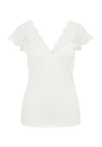 Vitt linne med ribbat mönster, V-ringning och intrikata spetsärmar i kort längd. Det släta tyget och den delikata spetsdetaljen ger visuell intress.