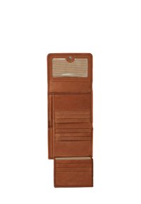 Brown leather wallet with a smooth texture, featuring multiple card slots, a clear ID pocket, and a zippered coin compartment.