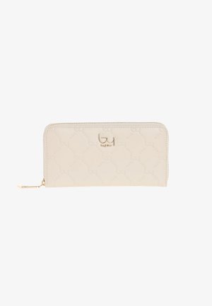 Portafoglio beige con zip intorno, motivo logo in rilievo ripetuto e piccolo emblema metallico del marchio sul davanti.