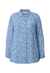 Blauwe overhem shirts met een overal paisley-patroon en kleine bloemenaccenten, lange mouwen en een relaxte pasvorm. Lichtgewicht stof.