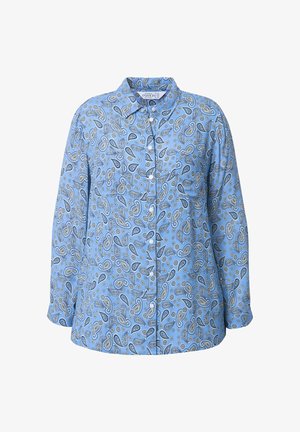 Chemise bleu à manches longues avec un motif paisley intégral agrémenté de petits accents floraux, coupe décontractée. Tissu léger.