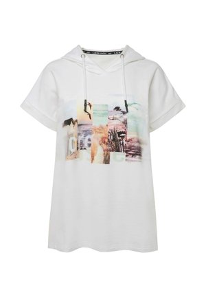 Witte hoodie met korte mouwen, voorzien van een multicolore fotocollageprint aan de voorkant, een trekkoordhals en een zachte stofstructuur.