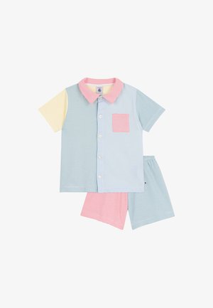 Short-sleeve button-up shirt with mixed pastel stripes, pink collar and pocket, paired with striped shorts in pastel blue and pink.