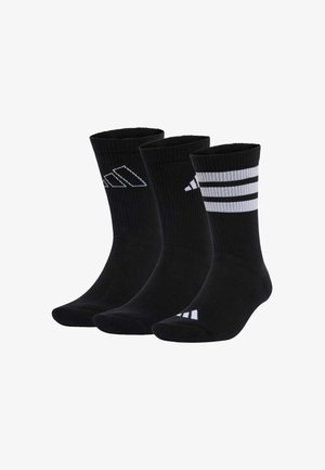 Calcetines deportivos negros, tres pares; uno con logo blanco, dos con rayas blancas. Hechos de una tela suave y elástica; longitud a mitad de pantorrilla.