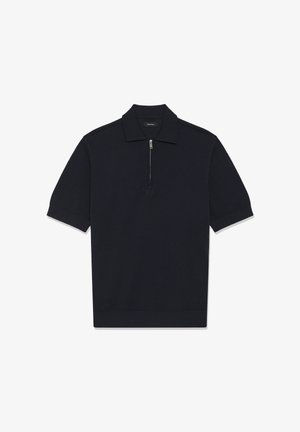 Tengerészkék rövid ujjú kötött galléros póló texturált anyagból, gallérral és elöl félcipzárral.