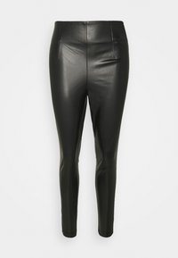 Black high-waisted faux leather leggings with a smooth finish and ankle-length tapered legs against a white background.