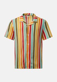 Chemise à manches courtes avec boutons et rayures verticales rouges, jaunes, vertes, orange et bleu clair sur un tissu texturé.