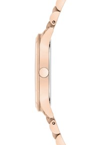 Roségouden roestvrijstalen horloge met een gladde bezel, ronde wijzerplaat en een gepolijste afwerking. Kenmerken zijn een zijkroon en een verbonden armbandontwerp.