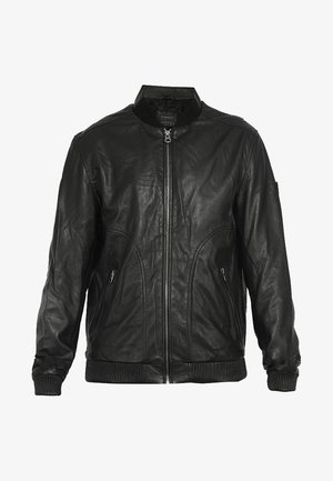 Black leather jacket with a zip front, ribbed cuffs and waistband, and two side pockets. Features a stand-up collar and smooth texture.