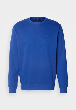 Blue sweatshirt with a crew neckline, long sleeves, and ribbed cuffs. Features a subtle embroidered logo on the chest. Cotton blend material.