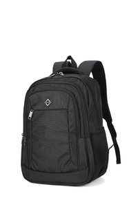 Zaino nero realizzato in materiale nylon testurizzato, con molteplici scomparti, spallacci imbottiti e tasche laterali in rete per il caricamento.