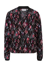 Top negro con un escote en V profundo, que presenta un estampado colorido similar a flores en tonos rojos y azules, con puños elásticos y un ajuste relajado.