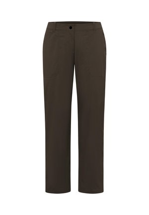 Bruine, lichtgewicht stoffen broek met een rechte pasvorm, een knoopsluiting en twee voorzakken. Gladde textuur en minimale stikseldetails.