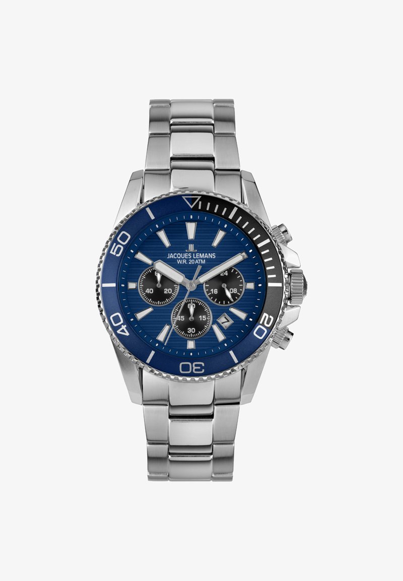 Orologio in acciaio inossidabile con quadrante blu texturizzato, tre sottodial neri, indici delle ore argentati e una lunetta girevole segnata da 10 a 50.