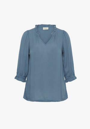 Blaue Bluse aus leichtem Stoff, mit V-Ausschnitt, gerafftem Kragen und 3/4-Ärmeln mit elastischen Bündchen.