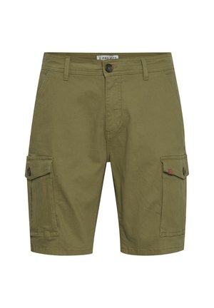 Oliivroheline kaubanduslikud lühikesed püksid, mis on valmistatud puuvillast, sisaldavad kahte küljetaskut klappidega, kinnitust nupuga ja vööpaelu. Lihtne disain.
