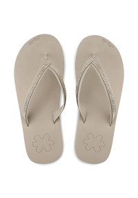 Beige flip-flops with textured soles, featuring a thin strap adorned with small silver rhinestones and a floral imprint on the footbed.