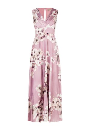 Abito maxi senza maniche di colore rosa con stampa floreale bianca e viola, scollatura a V, vita aderente e gonna fluente.