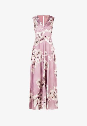 Abito maxi senza maniche di colore rosa con stampa floreale bianca e viola, scollatura a V, vita aderente e gonna fluente.