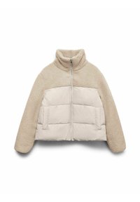 Beige sherpa fleecejakke med quiltede frontpaneler, lynlåslukning, høj krave og sidelommer.
