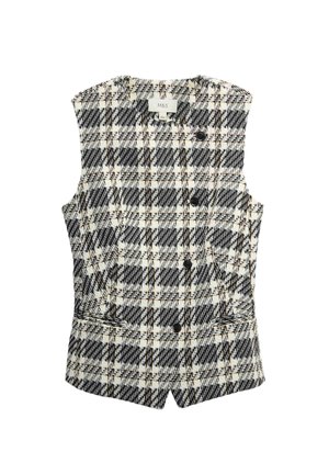 Sort og hvid ternet ærmeløs vest med knapper foran og to sidelommer, lagt fladt på hvid baggrund.