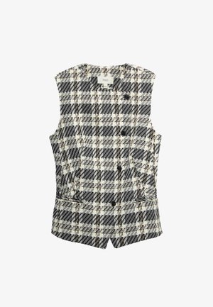 Schwarz-weiß kariertes ärmelloses Wams mit vorderen Knöpfen und zwei Seitentaschen, flach liegend auf weißem Hintergrund.