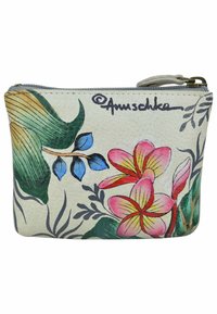 Bloemmotief ritspouch in off-white nepleer met roze en gele bloemen, groene bladeren en blauwe accenten. Voorzien van handtekening.