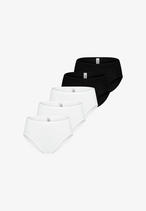 Fünf Baumwollslips in Schwarz und Weiß, in versetzter Reihe auf weißem Hintergrund angeordnet.
