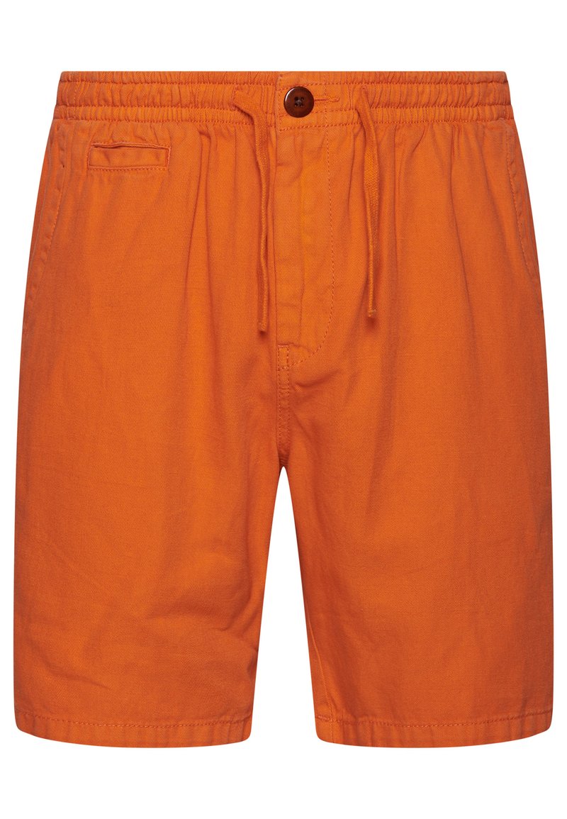 Jasnopomarańczowe, casualowe szorty z elastycznym pasem, sznurkiem, zapięciem na guzik, bocznymi kieszeniami oraz małą kieszonką na monety z przodu.