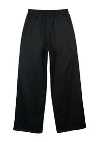 Czarne spodnie o szerokich nogawkach wykonane z gładkiego materiału, z elastycznym pasem i bez widocznych szwów, co zapewnia wygodne dopasowanie.